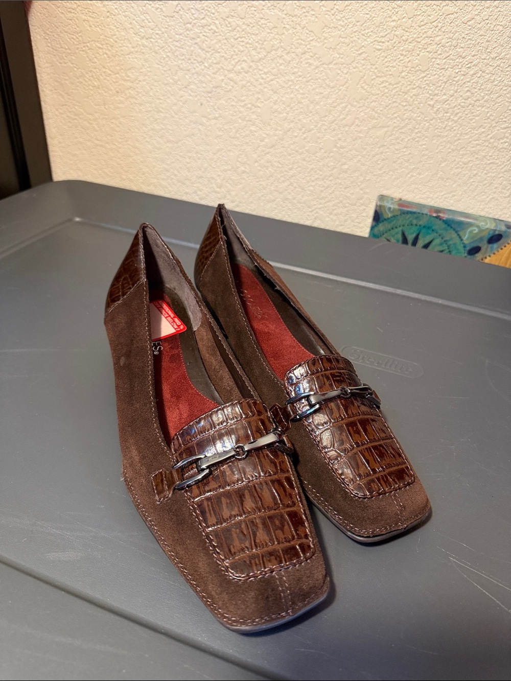 AEROSOLES Brown Suede & Croc-Trim Loafers with Silver Bit